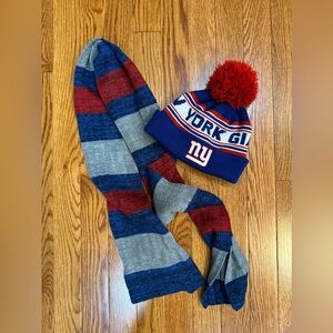 Boys red white gray and blue knitted NY Giants  hat and scarf set
